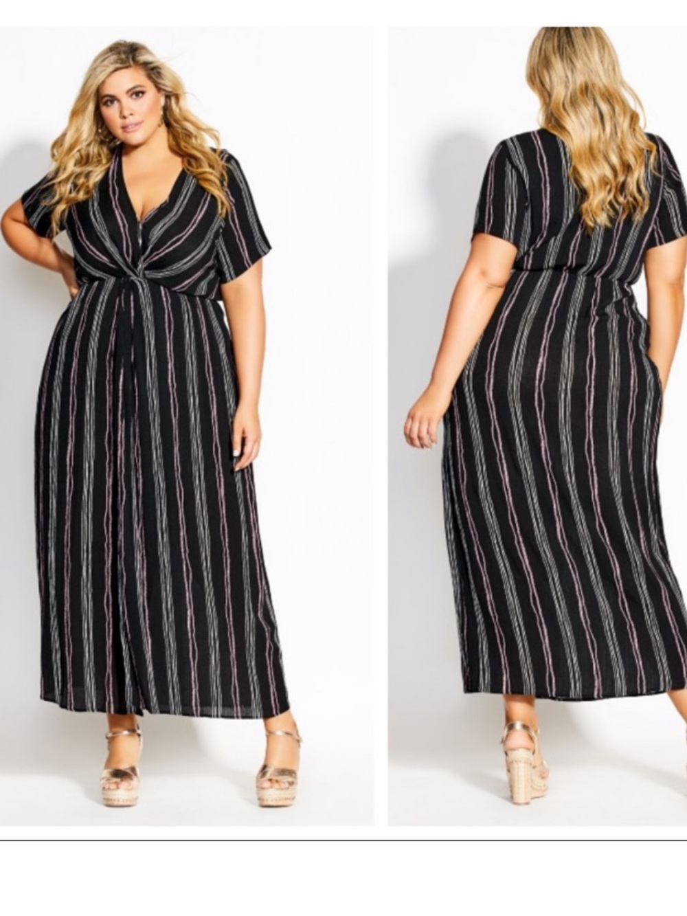 City Chic knit romance Black Striped Maxi Dress with Twist Front Sz 16 New